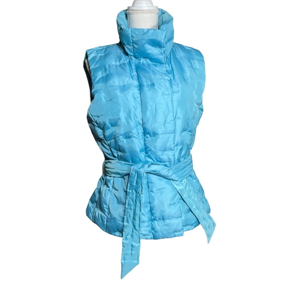 Goose Down Puffer Vest M Feather Cluster Turtleneck Zip Belted Embroidered Blue - Picture 5 of 13